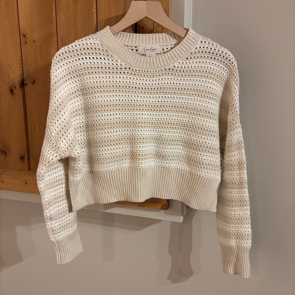 Jessica Simpson Cream Open-Knit Cropped Crewneck Sweater